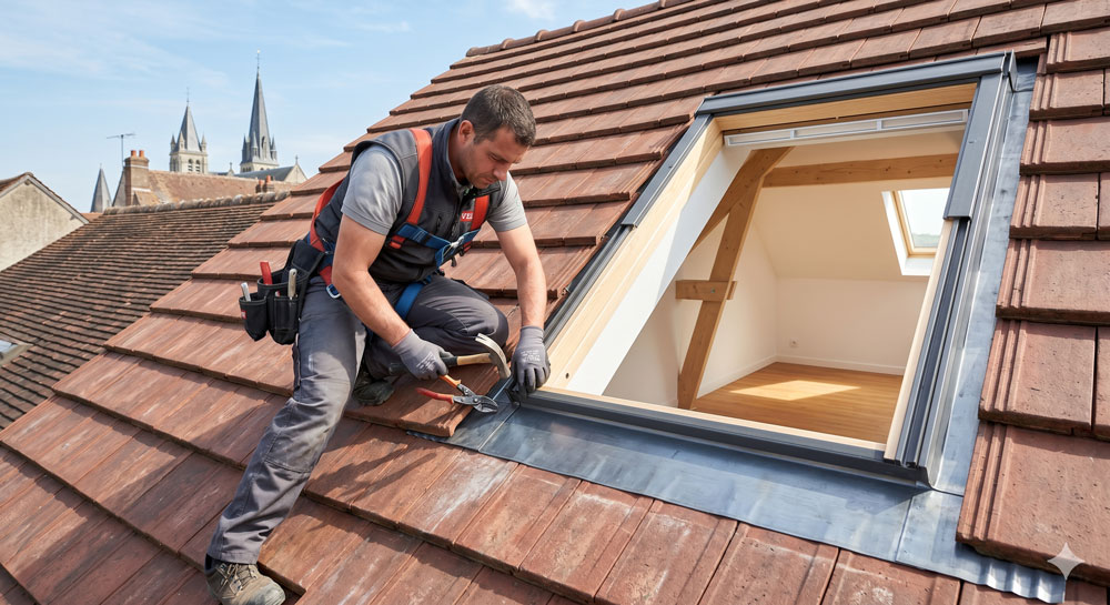 Couvreur qualifié en train d'installer une fenêtre de toit type Velux sur une couverture en Seine-et-Marne