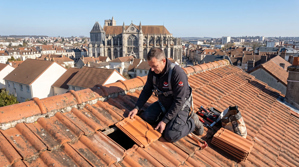 Chantier de réfection de toiture avec tuiles neuves parfaitement posées par S. Bottier