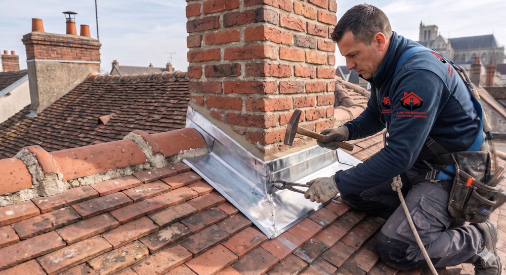 Artisan couvreur façonnant un solin en zinc autour d'une cheminée à Meaux